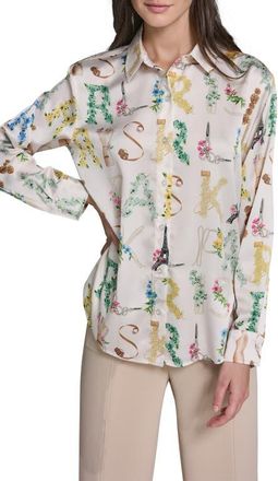 Karl Lagerfeld Print Oversize Button-Up Shirt in Bisque/Panna Cotta Multi at Nordstrom, Size X-Small