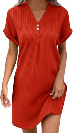 Generic Summer Dresses for Women Cotton Casual V Neck Button Down T Shirt Dress Short Sleeve A-line Solid Color Midi Sundress Ladies Tunic Boho Holiday Beach 