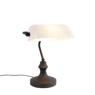 QAZQA Cl&aacute;sico/antiguo L&aacute;mpara De Notario Cl&aacute;sica Negra Con Cristal Opalino - Banker Vidrio /acero Alargada Adecuado Para Led Max. 1 X 60 Watt - Qazqa