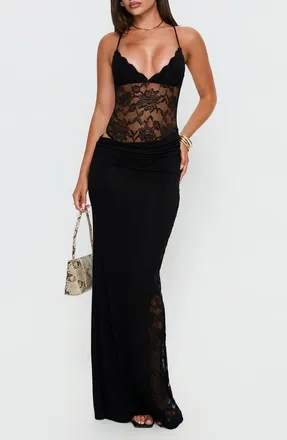 Princess Polly Chantella Lace Cutout Maxi Dress in Black at Nordstrom, Size 2