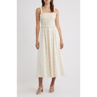 Lulus Amarena Smocked Midi Dress in Cream Multi at Nordstrom, Size X-Small