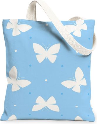 Generic Butterfly Pattern Canvas Tote Bags, Elegant Reusable Grocery Bags, Spring Floral Lightweight Washable Shoulder Strap Canvas, Blue, 13x15 Inch