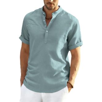 Generic Mens Linen Shirts Short Sleeve Summer Beach Hawaiian Shirts With Pockets Grandad Collar Collarless Henley Tshirts Men Uk Button V Neck Cotton Linen To