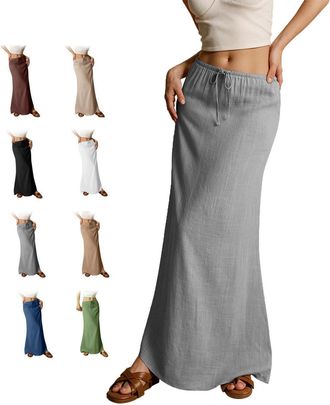 Generic 2025 Summer Linen Maxi Skirts for Women, Cute Vacation Boho Long Flowy Skirts, Comfy Drawstring Waist A Line Skirts (Gray,XXL)