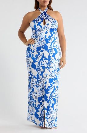 Sugarlips Helsinki Floral Tilda Satin Halter Maxi Dress in White-Cobalt at Nordstrom, Size 3X