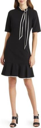 Adrianna Papell Tie Neck Short Sleeve Crepe Sheath Dress in Black/ivory at Nordstrom Rack, Size 16