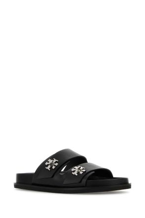 Tory Burch Womens Black Leather Slippers Flat Shoes