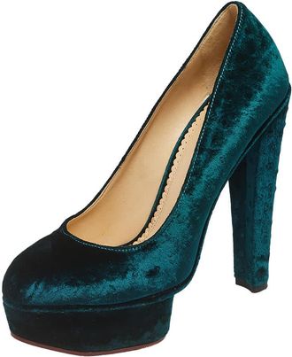 Charlotte Olympia Green Textured Velvet Dolly Platform Pumps