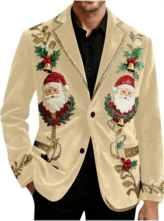 Generic Christmas Blazers for Men,Ugly Christmas Tree Printed Blazer Corduroy Ceremonial Blazers Mens Single Breasted Blazer Novelty Xmas Graphic Jackets Busi