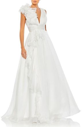 Mac Duggal Ruffle Shoulder V-Neck Chiffon Gown in White at Nordstrom, Size 14