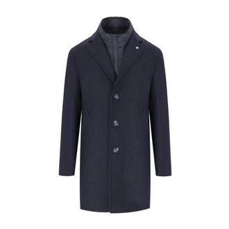 Manuel Ritz Single-Breasted Coats, male, Blue, Size: 2XL Blue Wool Blend Coat with Flap Pockets