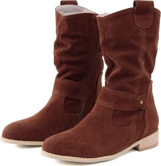 Generic Womens Low Heel Suede Cowboy Ankle Boots - Casual Pointed Toe Booties With Zipper Comfortable Slouchy Mid Calf Flats(Coffee,9.5-10)