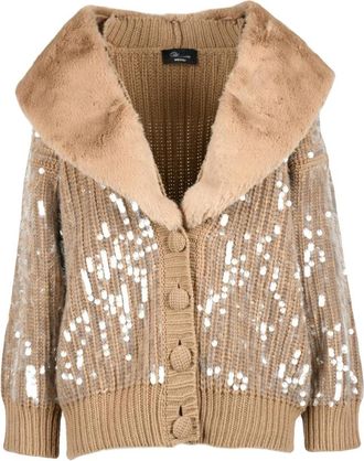 Blumarine Pailletvest met Pluche Kraag - Dames - Vesten - Bruin - XS - Wol - Truien & Vesten