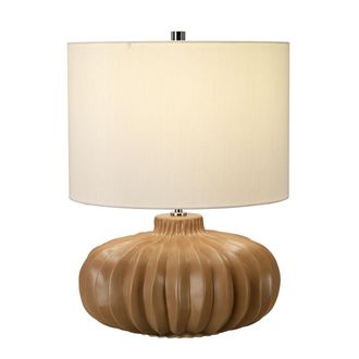 Loops Table Lamp Ridged Pumpkin Shape Squat Base Ivory Faux Linen Shade LED E27 60W