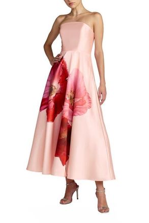 Mac Duggal Strapless A Line Midi Dress With Flower Print in Blush Multi at Nordstrom, Size 10