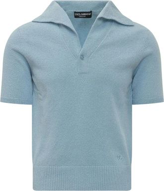 Dolce & Gabbana Gebreide Poloshirt met Kraag - Heren - V-hals truien - Blauw - L - Katoen - Truien & Vesten