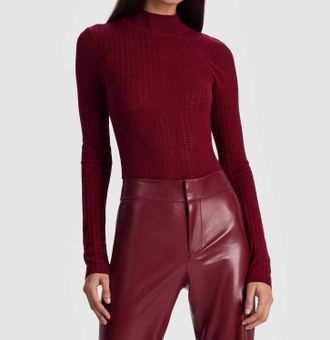 Alice & Olivia Lanie Pointelle Long Sleeve Mock Neck Top In Oxblood