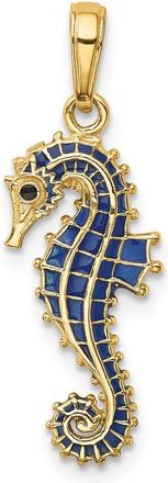 Diamond2Deal 14k Yellow Gold 3-D Blue Enameled Seahorse Pendant