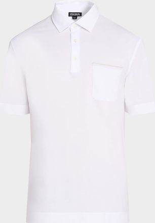 Ermenegildo Zegna Mens Cotton Polo Shirt with Leather-Trim Pocket