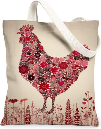 Generic Floral Chicken Canvas Tote Bags, Vintage Floral Pattern Reusable Grocery Bags, Lightweight Washable Shoulder Strap Canvas F, Beige, 13x15 Inch