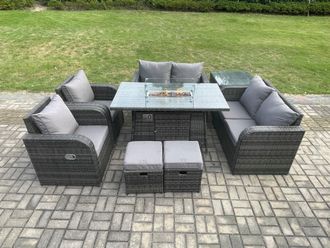 Fimous 8 Seater Rattan Garden Furniture Set Propane Gas Fire Pit Table & Sofa Chair set with Side Tables 2 Small Footstools in Dark Grey