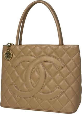 Chanel Beige Grained Calfskin Handbag Tote Bag (Pre-Owned)