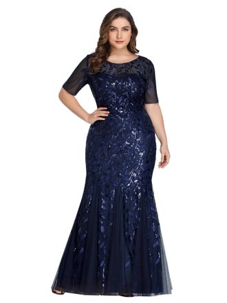Ever-pretty Ever Pretty Womens Elegant O Neck Short Sleeve Floor Length Mermaid Embroidery with Sequin Plus Size Ball Evening Dresses Navy Blue 24UK