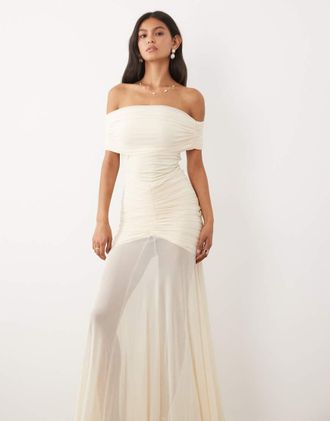 JW PEI Vestito lungo da sposa in rete color panna arricciato con spalle scoperte e fondo sceso trasparente-Bianco