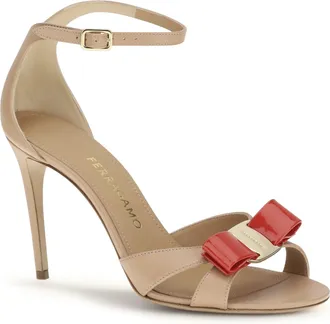 Ferragamo Womens Vara Sandals With Bow Amar-Seta Naturale Calf Leather Bos Taurus Amar/seta
