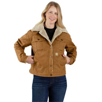 Carhartt Work in Progress Rugged Flex Trucker Jacket Womens Brown Sherpa Lined Loose Fit POSH187