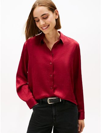 Tommy Hilfiger Womens Relaxed Textured Stretch Satin Shirt - Red - XXL