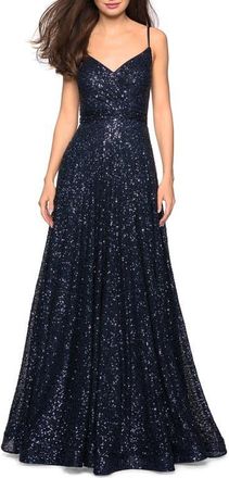 La Femme Sequin Empire Waist Prom Dress with V Back in Navy at Nordstrom, Size 10