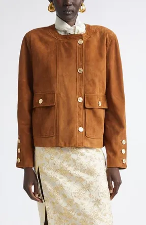 Saint Laurent Lambskin Suede Jacket in Rhum Ambre at Nordstrom, Size 38