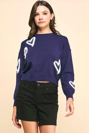 Pinch Design Heart Pullover Sweater In Navy