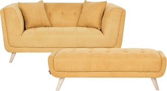 Beliani Sof&aacute; 2 Plazas De Tela Con Otomana Cojines Decorativos Patas De Madera Capiton&eacute; Estilo Retro Mostaza Habo