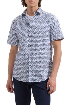 Bugatchi Orson Flamingo Print Short Sleeve Stretch Cotton Button-Up Shirt in Navy at Nordstrom, Size Xxx-Large