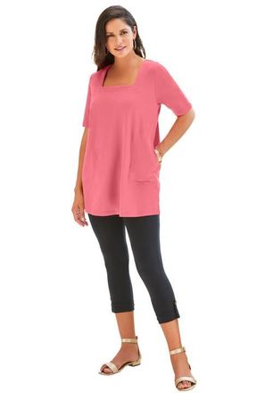 Jessica London Stretch Cotton Square Neck Tunic in Tea Rose at Nordstrom, Size Medium