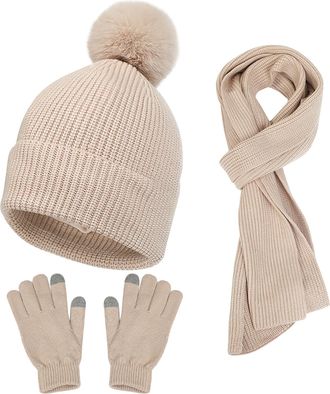 Generic Womens Fluffy Hats Warm Gloves Long Scarf Set Women&Men Autumn Winter Warm Cute Wool Hat Scarf Gloves Three Winter Snow Knit Cap Screen Mittens Scarve