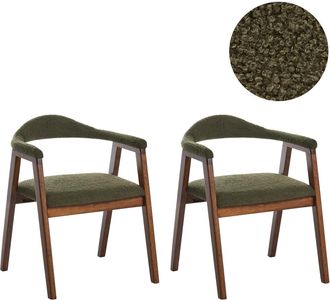 Beliani Conjunto De 2 Sillas De Comedor Asiento Tapizado En Poli&eacute;ster Estructura De Madera De Caucho Respaldo Tapicer&iacute;a De Boucl&eacute; Verde Comedor Marr&oacute;n Oneco