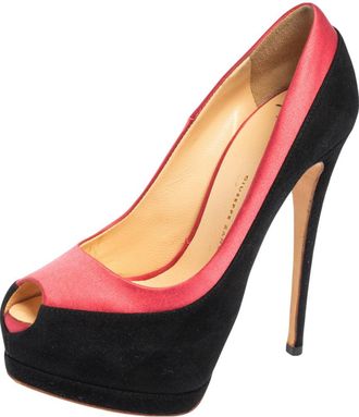 Giuseppe Zanotti Black/pink Suede And Satin Peep Toe Platform Pumps