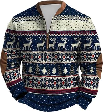 Generic Mens Christmas Jumpers 1/4 Zip Fleece Ugly Christmas Sweatshirt Pullover Men Long Sleeve Plus Size Funny Printed Xmas Jumper Winter Thermal Warm Cosy 