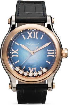 Chopard Happy Sport 36mm - women - 18kt Rose Gold/Diamond/stainless steel/Calf Leather - One Size - Blue