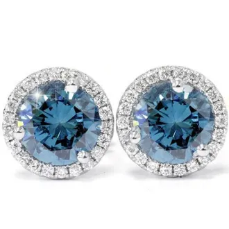Pompeii3 2 1/10ct Blue & White Diamond Halo Studs 10K White Gold Lab Grown
