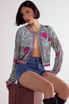 NASTY GAL Womens Celestial Placement Beaded Jacket - Turquoise - Size 8 UK