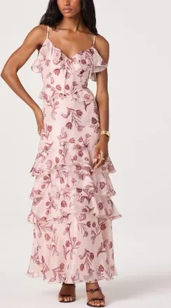 ASTR the Label Emiliana Floral Tiered Ruffle Cold Shoulder Maxi Dress in Soft Pink Floral at Nordstrom, Size X-Small