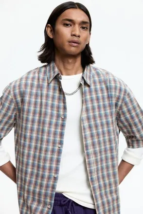 H&M Regular Fit Short-sleeved Shirt in Dusty Blue/checked at Nordstrom, Size Xx-Large