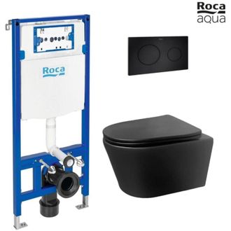 Roca Bastidor Roca Duplo Pack Cisterna Empotrada Y Pulsador Pl10 Negro Mate Con Inodoro Suspendido Rimless Lia Negro De Azulbath