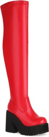 Generic Womens Chunky Sole Thigh-High Boots with Side Zip,Platform & Elastic Fit,Red,6.5 UK