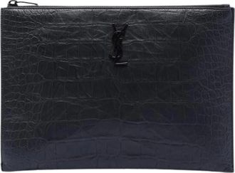 Saint Laurent Pre-owned Clutches, female, Black, Size: ONE SIZE Pre-owned Croc Embossed Leather Clutch