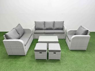 Fimous Patio PE Wicker 8 Seater Outdoor Rattan Furniture Sofa Sets w/ Rectangular Coffee Table Reclining Chair Loveseat Sofa 3 Seater Sofa Stool
